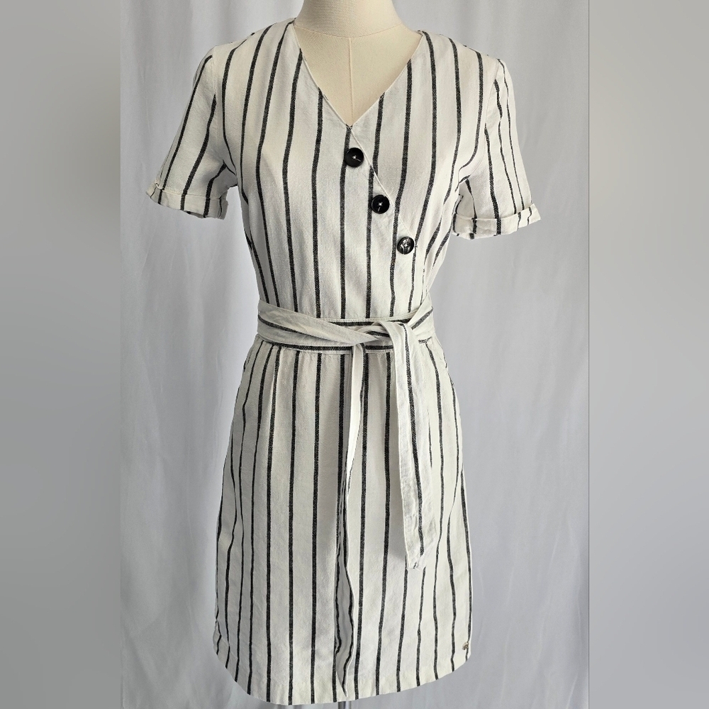 S. Oliver Linen Cotton Short Sleeve V-Neck Cream/White Shirt Dress Stripes Sz. 2
